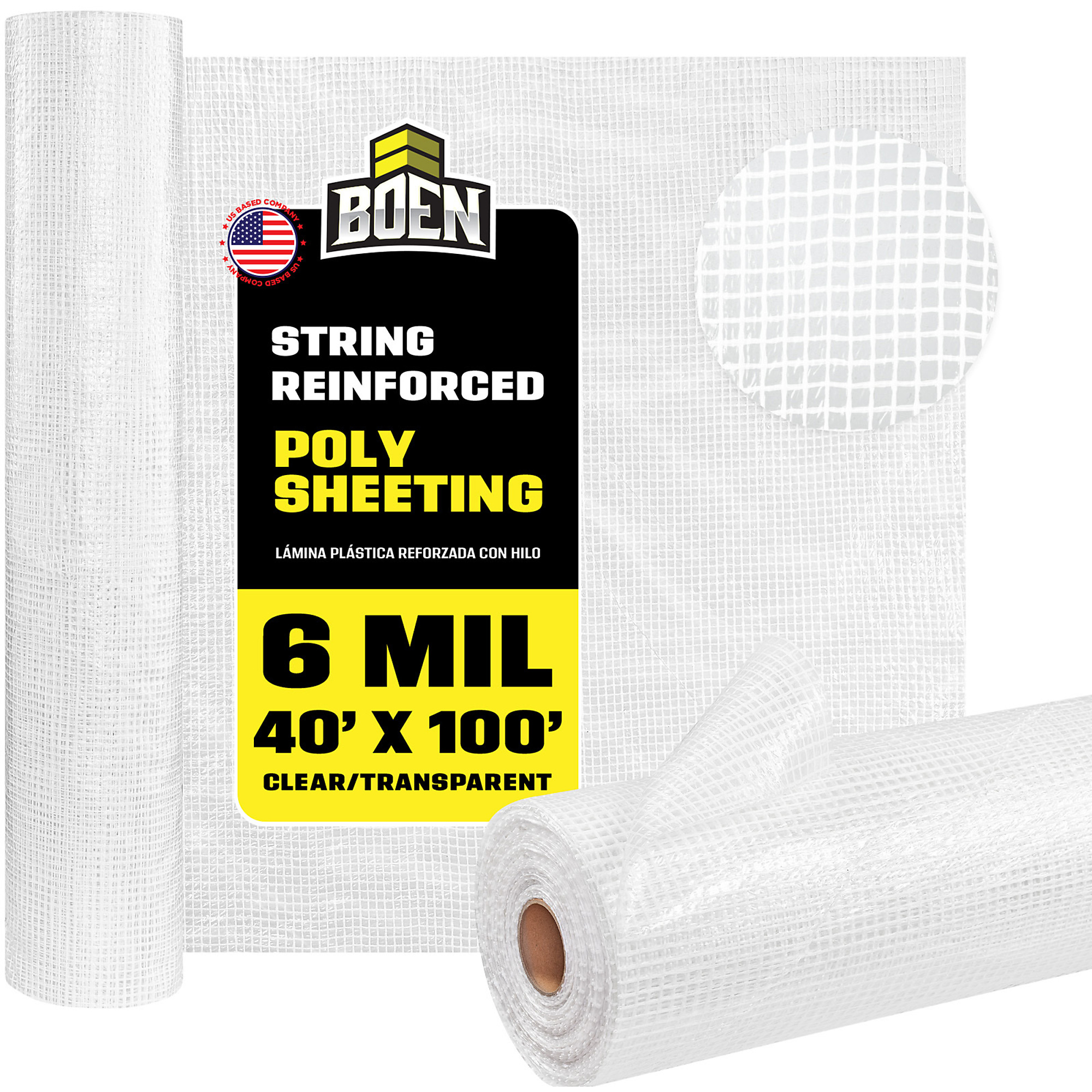 Boen Clear String Reinforced Plastic Sheeting 40 ft x 100 ft, 6 Mil Heavy-Duty for Dust Containment, Vapor Barrier & Jobsite Protection